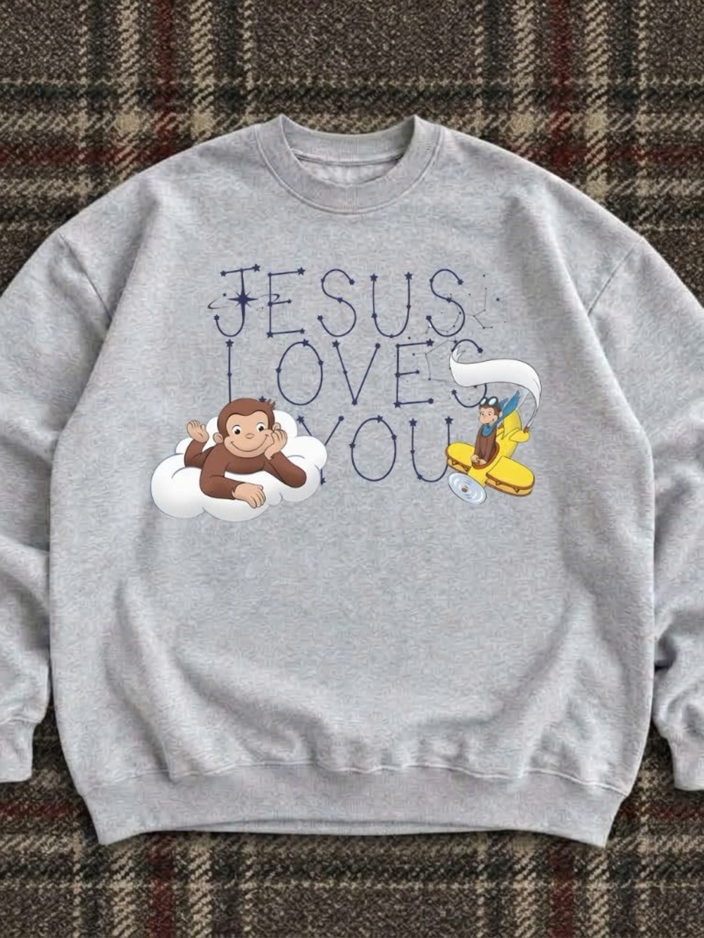 Gildan Light Gray 'Jesus Loves You' Crewneck Sweatshirt with Playful Cartoon